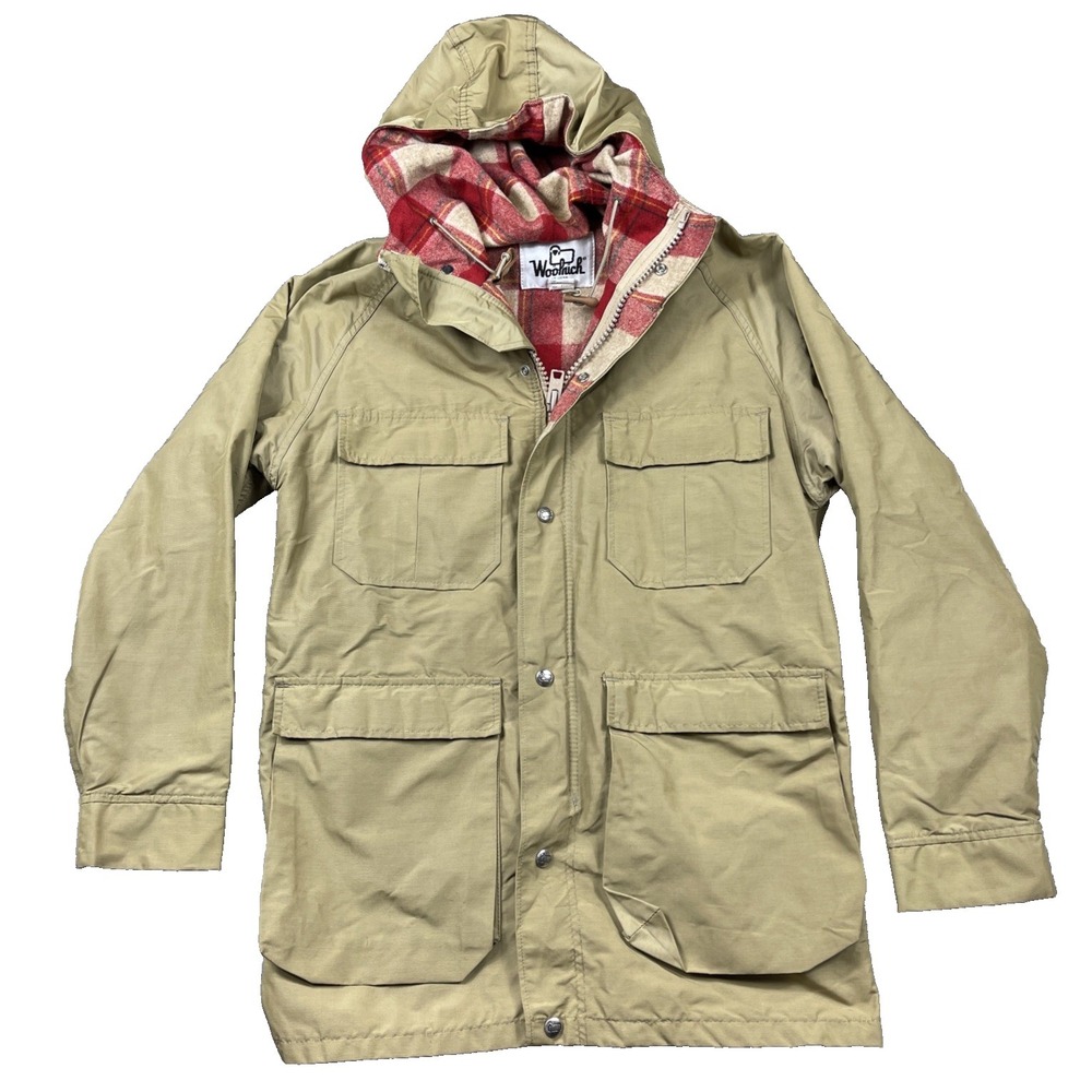 Vintage USA Woolrich Khaki Red Plaid‎ Wool Lined Rain Jacket Small Hooded